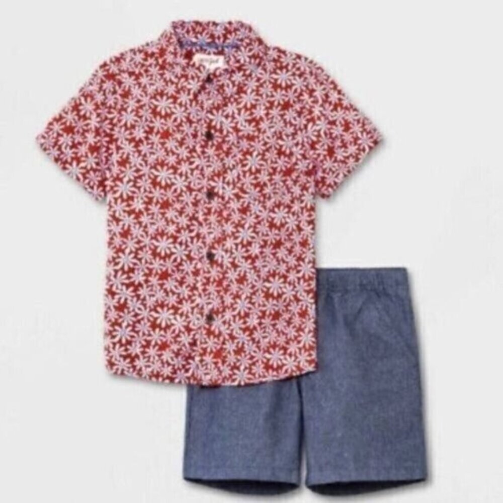 Cat & Jack Toddler Boys 12 Months Americana Floral Button Down Shirt and Shorts